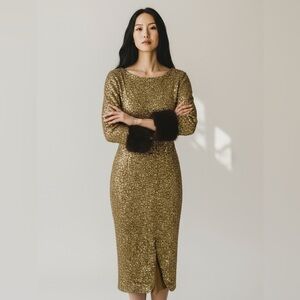 1960s Gene Shelly's Gold Sequin Keyhole Long Bell Sleeve Vintage Wool 60s Gown